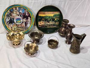 lot 149 image: Movieland Wax Museum Tray, Italian Automobili Tray, Brass Bucket with Geese and Various Other Brass Items