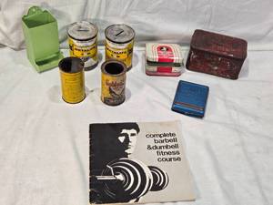lot 150 image: Union Leader Tobacco Tin, Sentinel First Aid Kit Tin Only, Metalife Oil Can Bank, Be Sure Gas Measuring Can, Fitness Course Booklet and Others