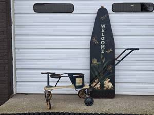 lot 156 image: 1940s-50s Pal Baby Walker and Welcome Sign On Vintage Ironing Board with Bunnies and Dragonflies