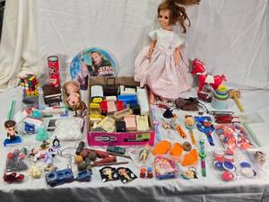 lot 161 image: Huge Lot of Vintage Toys and Collectibles including 1972 Ideal Crissy Doll, Rubiks Cubes, Dollhouse Furniture, Flintstones Items, Mini Croquet and More