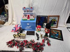 lot 162 image: Bakelite Pen Box, Log Cabin Syrup Dispenser, Plastic Stained Glass Pictures, Nutcracker, Door Knockers, Fiber Optic Decorative House and More