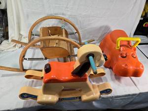 lot 169 image: Vintage Rocking Riding Toys Toys including Fisher-Price Rocking Dog and Playskool Hippo