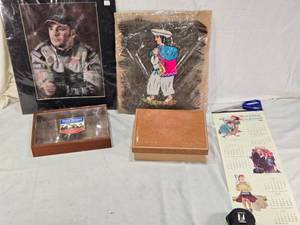 lot 170 image: Dutch Masters cigar showcase box, a Caesar leather keepsake box, and a Norman Rockwell 1991 calendar from Elmquist Jewelers