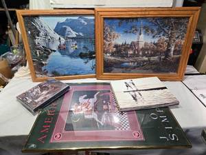 lot 177 image: Framed Puzzle Art and Prints Collection including Terry Redlin Signed Puzzle, Americana Poster, and Various Prints
