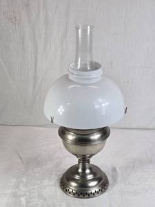 lot 180 image: Antique Metal Oil Lamp with Glass Chimney and Shade