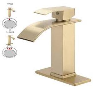 lot 9 image: BWE Waterfall Single Handle Single Hole Low-Arc Bathroom Faucet Bathroom Drip-Free Vanity Sink Faucet in Brushed Gold  Customer Returns See Pictures