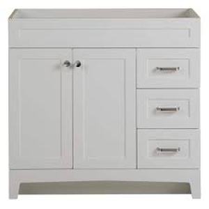 lot 22 image: Home Decorators Collection Thornbriar 36 in. W x 22 in. D x 34 in. H Right Side Drawers Vanity Cabinet without Top in Polar White Customer Returns See Pictures