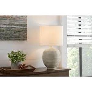 lot 43 image: Hampton Bay Finch 22 in. Distressed White Ribbed Table Lamp with White Linen Shade  Customer Returns See Pictures