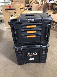 lot 53 image: RIDGID Pro Gear System Gen 2.0 25 in. Rolling Tool Box with 9 in. Wheels and 14.6 in. 3-Drawer Tool Box Combo Customer Returns See Pictures