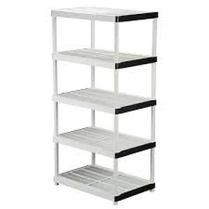 lot 58 image: Lot of HDX 5-Tier Easy Assembly Multi-purpose Plastic Garage Storage Shelving Unit in Gray (36 in. W x 72 in. H x 24 in. D)   Customer Returns See Pictures