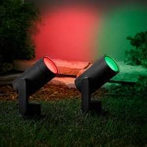 lot 65 image: Hampton Bay Smart 450 Lumens Black LED Color Changing Low Voltage Outdoor Spotlight Powered by Hubspace (3-Pack)   Customer Returns See Pictures