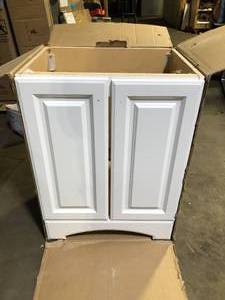 lot 28 image: Glacier Bay 25 in. Single Sink White Bath Vanity  No Granite Top  Customer Returns See Pictures