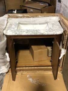 lot 59 image: Home Decorators Collection Collette 30 in. Single Sink Cinnamon Oak Bath Vanity with White Carrara Marble Top (Assembled) Granite Broken   Customer Returns See Pictures