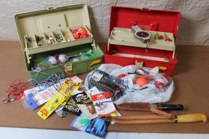 lot 19 image: Fishing Gear Lot with 2 Tackle Boxes, Knives, Lures, and Accessories