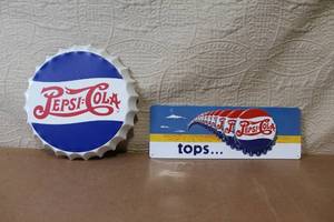 lot 45 image: Pepsi-Cola Metal Wall Decor Signs Set with Bottle Cap and Tops Design