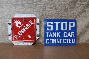 lot 51 image: Set of Railroad Safety Signs Including Flammable Placard and STOP Tank Car Connected Sign