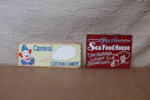 lot 55 image: Pair of Vintage Style Metal Signs - Carnival Cotton Candy & Seafood House Lobster