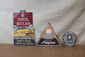 lot 56 image: Set of 3 Decorative Metal Signs including Tool Rules, Work in Progress, and U.S. Army Veteran