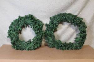 lot 68 image: Lot of 2 Artificial Evergreen Wreaths and Wood Wall-Mount Pipe Display Cabinet