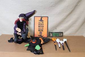 lot 76 image: Halloween Decor Lot with Witch Figure, Signs, and Novelty Pens