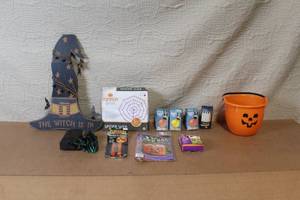 lot 84 image: Halloween Decoration Lot with Witch Hat Sign, Pumpkin Bucket, Lights, and Accessories