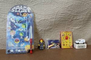 lot 87 image: Vintage Space Game, Plastic Pinball, Lego Mini Figure, Matchbox Van, and Collectibles Lot