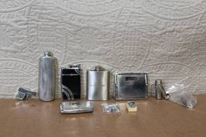 lot 89 image: Collection of Vintage Silver Tone Pocket Flasks and Smoking Accessories