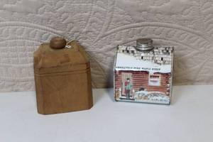 lot 110 image: Vintage Wooden Swan Butter Mold and Maple Syrup Tin