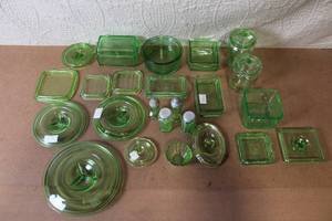 lot 113 image: Collection of Vintage Green Depression Glass Kitchenware and Lids