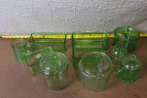 lot 114 image: Collection of Vintage Green Depression Glass Kitchenware and Canisters