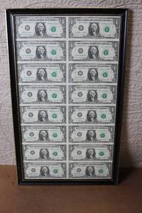 lot 116 image: Framed Sheet of 16 Uncut US $1 Dollar Bills