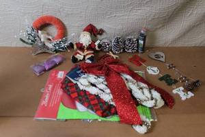 lot 119 image: Collection of Christmas Decorations Including Hidden Talents Santa Doll, Wreath, Ornaments, and Pinecones