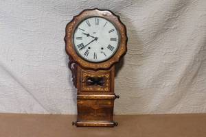lot 138 image: Antique Inlaid Wood Wall Clock with Roman Numerals