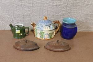 lot 146 image: Vintage Hall Teapot, Cottage Teapot, Blue Pottery Mug, and Sad Iron Lids Set