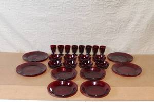 lot 154 image: Set of 20 Vintage Red Glass Dinnerware Pieces - Plates, Bowls, Goblets