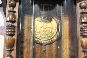 lot 156 image: Antique Wooden Wall Clock Case with Glass Front and Brass Pendulum