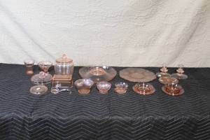 lot 157 image: Set of Vintage Pink Depression Glassware Assorted Serving Pieces