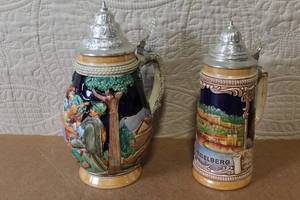 lot 183 image: Pair of Vintage German Beer Steins with Pewter Lids