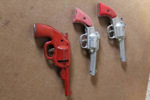 lot 197 image: Set of 3 Vintage Toy Cap Guns with Red and Silver Finish