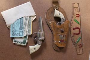 lot B-201 image: Vintage Lone Ranger Hi-Ho Toy Cap Gun Set with Holster and Play Money