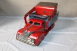 lot 219 image: Vintage Buddy L Pressed Steel Toy Dump Truck with Plow