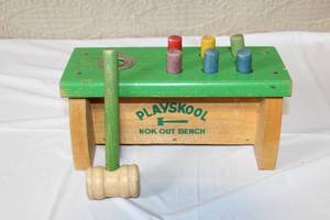 lot 235 image: Vintage Playskool Nok Out Bench Wooden Toy with Mallet