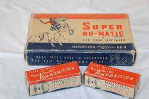 lot 237 image: Vintage Super Nu-Matic Harmless Paper Buster Toy Gun with Original Box and Ammunition