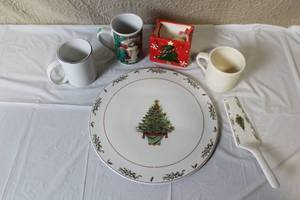 lot 245 image: Christmas Holiday Tableware Set with Tree Plate, Cake Server, Mugs, and Candle Holder
