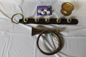 lot 246 image: Holiday Decorative Lot with Brass Horn, Sleigh Bells, Candle Holder, and Snowman Bells