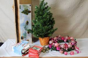lot 249 image: Holiday Decor Set with 3 Ft Lighted Tree, Wreath with Pink Ornaments, and Lighted Star Topper