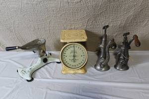 lot 250 image: Collection of Vintage Kitchen Tools Including American Family Scale and Enterprise Grinder