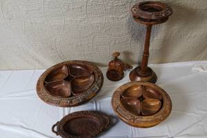 lot 259 image: Collection of Hand Carved Wooden Tableware and Decor