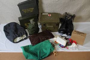 lot 263 image: Military Surplus Collection with Ammo Cans, First Aid Kit, Boots, and Memorabilia