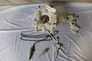 lot 264 image: Vintage White Hand-Painted Cuckoo Clock with Weights and Pendulum